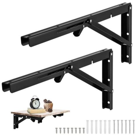 2PCS Équerres Pliantes pour Etagère 500 x170mm, Support Equerre Murale Pliable Charge Lourd en Acier Inoxydable - Noir (1/4)