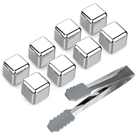 Glaçons en acier inoxydable réutilisables Whisky Chilling Rocks Ensemble de 8 glaçons en métal avec pinces et plateau de rangement pour congélateur pour refroidisseur de vin de bière