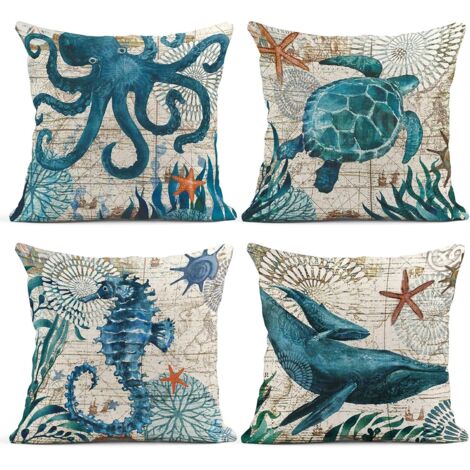 Lot de 4 housses de coussin sur le thème de l'océan bleu nautique côtier pieuvre hippocampe tortue baleine style méditerranéen taies d'oreiller décoratives décor à la maison carré 18 x 18 pouces taies (1/5)
