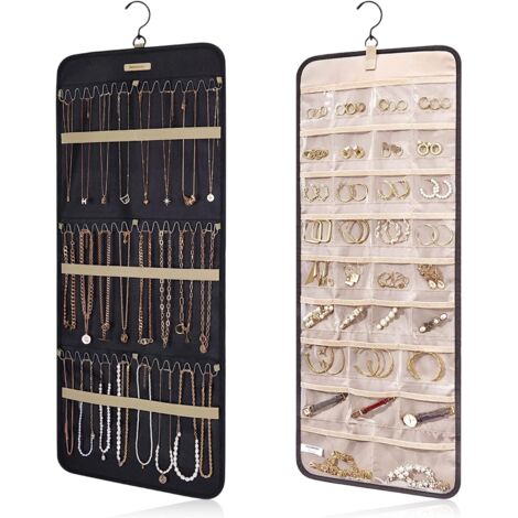 Organisateur de bijoux à suspendre, porte-collier anti-enchevêtrement, boucles d'oreilles, bagues, avec 10 sacs à bijoux, rouleau de rangement de voyage avec poches à accrocher au placard, au mur, à l
