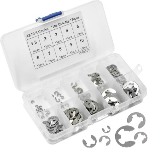 Lot de 130 Kit Anneau Circlip en E, 1,5mm-10mm Type E Anneau de Retenue en Acier Inoxydable Assortiment avec Boîte de Rangement pour Atelier, Bricoleur