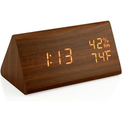 Réveil numérique en bois LED Horloge numérique Luminosité réglable Horloge de bureau avec température et humidité, 12/24 heures Réveil numérique Enfants Adulte Table de chevet Chambre Triangle Bambou
