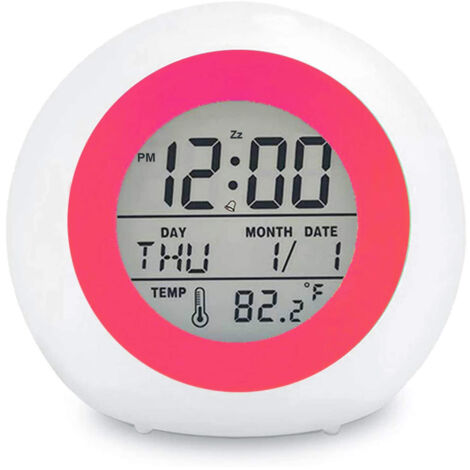 Réveil numérique pour enfants 7 couleurs Veilleuse Fonction Snooze Détection de température pour tout-petits enfants garons filles étudiants Réveil chambre chevet à piles, rose rouge