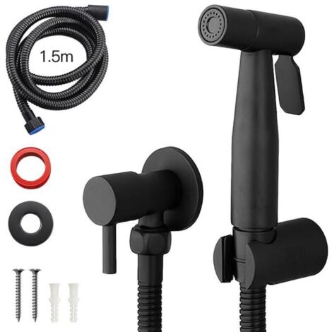 Kit Douchette Bidet WC   Pulvérisateur de Douche à Main Avec Tuyau Support Vanne en Acier Inoxydable Noir pour Hygiène Intime (1/4)
