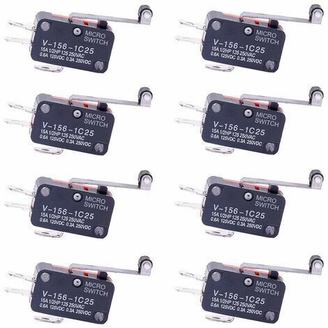 Lot de 8 micro-interrupteurs à levier de rouleau SPDT 1NO 1NC – 16A 250V – Actionneur momentané avec bras réinitialisable (1/5)