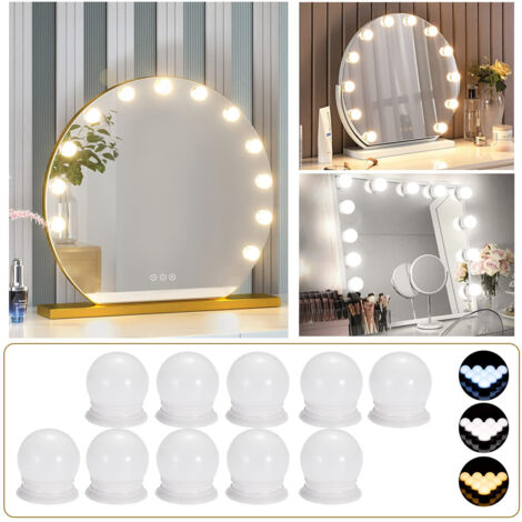 Lumière de Miroir,10 Ampoules Hollywood Kit de Lumière LED Dimmable Lampe de Bain 3 Couleursde Luminosité(Miroir Non Inclus)