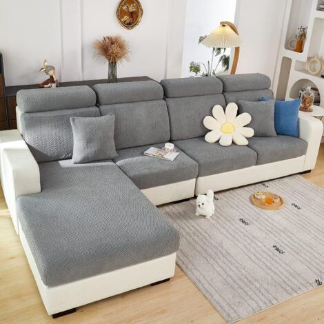 Housse de coussin de canapé – Très extensible – Universelle et antidérapante – Pour canapé en forme de L, chaise longue – Protection de meubles (tissages, gris) (1/5)