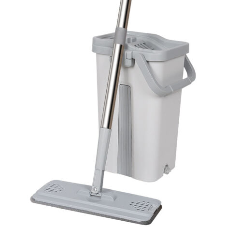 Balai microfibre et Seau Essoreur avec 6 serpillères Réutilisables Balai Plat Double compartiment blanc (1/5)