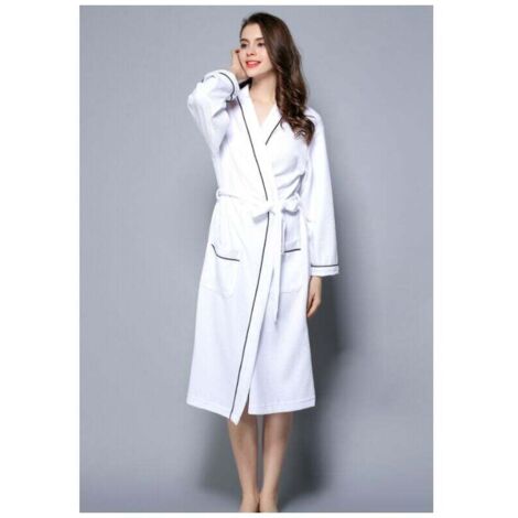 Peignoir Femme Coton Gaufré Léger Robe de Chambre Unisexe Spa Sauna Peignoir de Bain Eponge - Blanc L