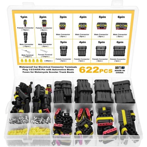622 Pièces Imperméable à l'eau Connecteurs, Connecteurs Étanches pour Voiture à 1/2/3/4/5/6 Broches mâle/femelle avec fusibles à lame automobile pour Bateaux Camion Scooter Moto, 23-16AWG (1/5)