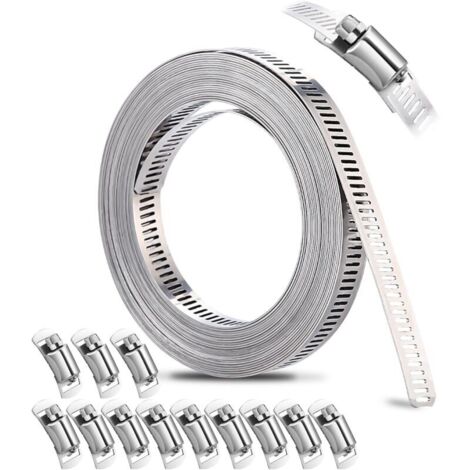 5m Collier de Serrage Inox, avec 12 Pièces Attache, en Acier Inoxydable 304, Collier de Serrage Métallique Réglable, pour Tuyaux, Gaz, Eau, Voiture, Machine à Laver, Jardin (1/5)