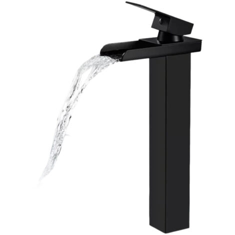 Robinet Salle Bain Cascade Noir Mat, Mitigeur Lavabo Cascade Haut, Robinet Lavabo avec bec Hauteur, Robinetterie Vasque à Poser Carré en Laiton, Eau Froide & Chaude Disponible (1/5)
