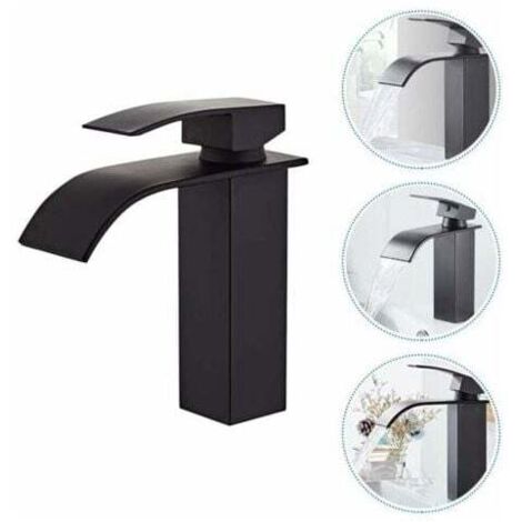 Robinet Salle de Bain et Deux Tuyaux d'Entrée, Robinet Lavabo avec Eau Froide & Chaude Disponible, Design Moderne de Cascade Robinet Lavabo, Conception Durable de Corps de Valve de Cuivre Noir (1/5)