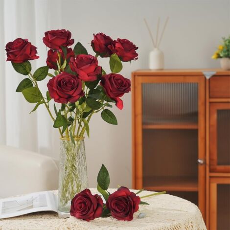 Arrangement Roses Rouges En Longueur 12 Pièces Rose Rouge Artificielles, Longues Tiges Fausse Roses Rouge en ...
