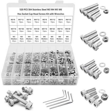 Kit De 520 Vis Et écrous M3 à M6 - Assortiment Complet - Boîte De Rangement - Acier Argenté