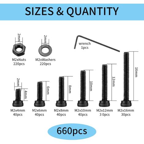 Kit 660 Vis M2 – Écrous Et Rondelles – Acier Carbone Noir – Tête Ronde – Wugongshan