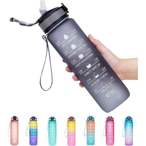 Bouteille d'eau potable étanche de 32 oz avec marqueur de temps et paille pour vous assurer de boire suffisamment d'eau tout au long de la journée pour les amateurs de fitness et de plein air (1/5)