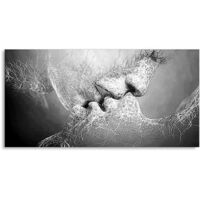 Tableau peinture à huile toile abstraite Baiser d'amour noir et blanc – Taille 40x80cm – Décoration murale élégante