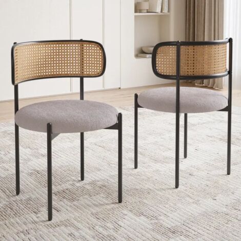 Set of 2 Modern Dining Chair Boucle Fabric Upholstered with Woven Rattan Back for Home, Office, and Café, Grey