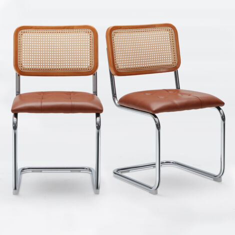 Set of 2 Cantilever Dining Chair Leather Upholstered with Woven Rattan Back for Home, Office, and Café, Brown