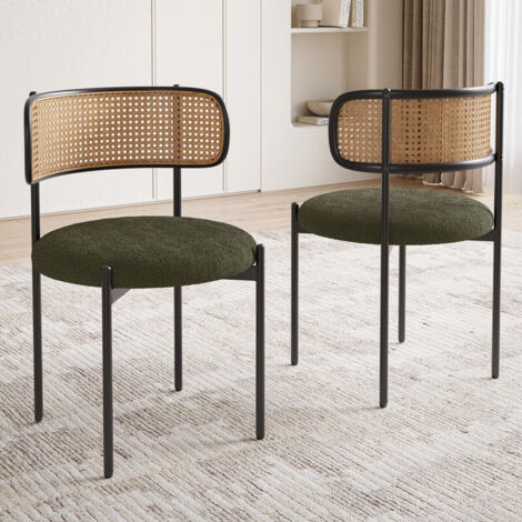 Set of 2 Modern Dining Chair Boucle Fabric Upholstered with Woven Rattan Back for Home, Office, and Café, Green