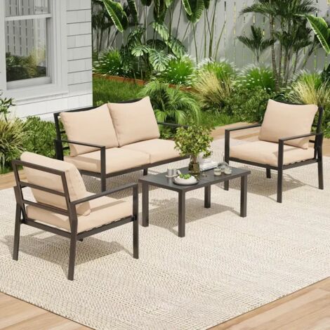 Garden Furniture 4 Seater Outdoor Sofa Set Fabric Upholstered Coffee Table with Steel frame , Beige (1/5)