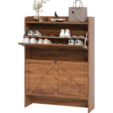 Shoe Storage Cabinet with 2 Flip Drawers for 16 Pairs of Shoes, 80×24×108 cm, Walnut
