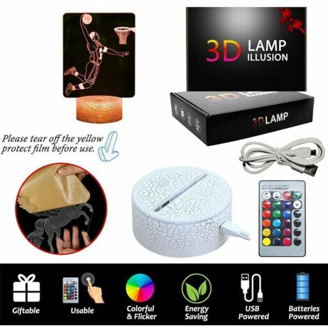 Veilleuse 3D Basketball Avec Télécommande - Lampe Illusion 16 Couleurs Pour Chambre Enfant