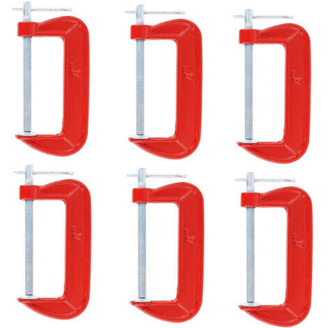RHG Jeu de 6 serre-joints en G légers rouges avec une ouverture de mâchoire de 10 cm, adaptés à la menuiserie, au soudage et à la réparation automobile. (1/4)