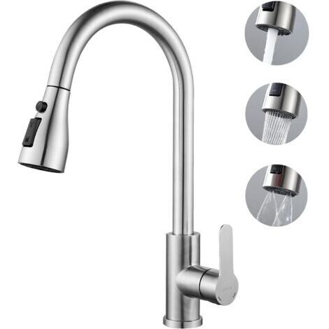 RHG Robinet extractible en acier inoxydable, 3 modes de pulvérisation, mitigeur de cuisine pivotant à 360°, robinet de cuisine avec pulvérisateur (1/5)
