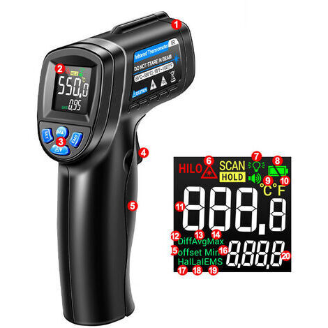 RHG Thermomètre Infrarouge, -50°C~550°C Sans Contact Thermomètre Laser Avec Écran Couleur LCD pour Cuisine/Réparation/Pizza/Industrie (PAS pour l'homme) (1/5)