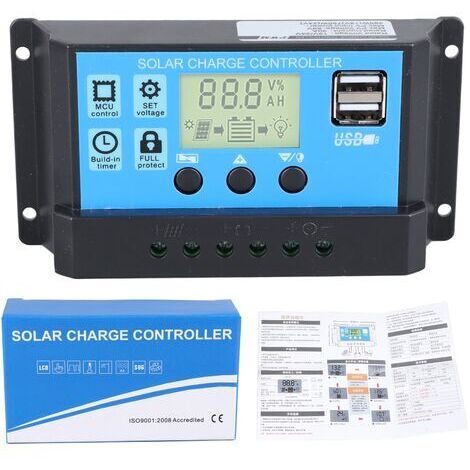 RHG Contrôleur de charge solaire 30A 12V/24VRégulateur PWM avec double port USB 5VÉcran LCD pour batteries plomb-acide (1/5)