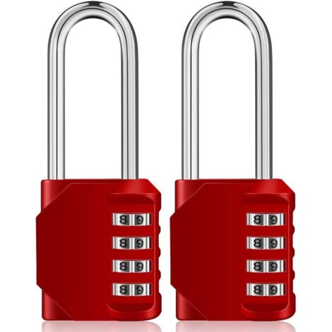 long Cadenas casier code 4 chiffres, grande Cadena a code pour portail, abri de jardin, Serrure à combinaison anse longue pour vestiaire sport, college, scolaire armoire (2 pièces, rouge) (1/5)