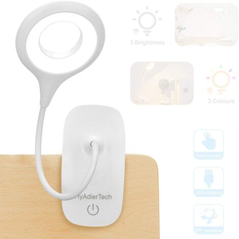 Lampe de Bureau à LED, Lampe de Lecture à Pince Rechargeable USB Câble, 3 Niveaux de Luminosité, pour Lire des Livres, Bureau, Maison, Enfant, Chevet (1/5)
