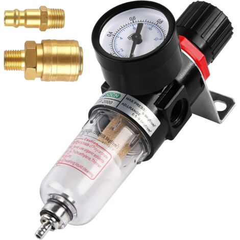 Regulateur de Pression d'air 1/4", Filtre Compresseur Dair, Séparateur d'Humidité, Filtrez l'Humidité, Nettoyez et Séchez l'air, Protégez les Outils à air Comprimé et les Dispositifs Pneumatiques (1/5)