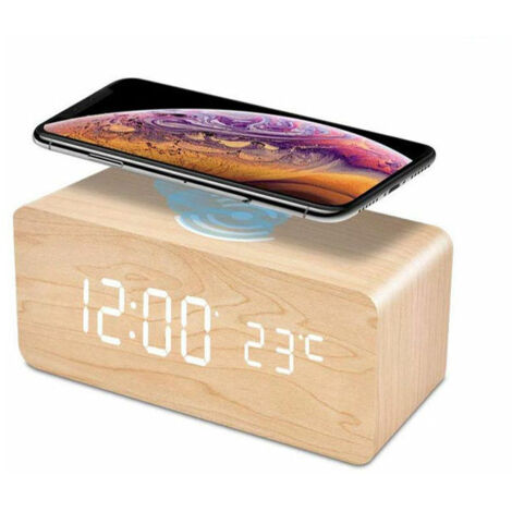 Réveil Numérique, Horloge en bois rechargeable sans fil，Alarm Réveil LED avec TempératureSnooze pour Enfant,Maison,Couleur du bois de bambou (1/5)