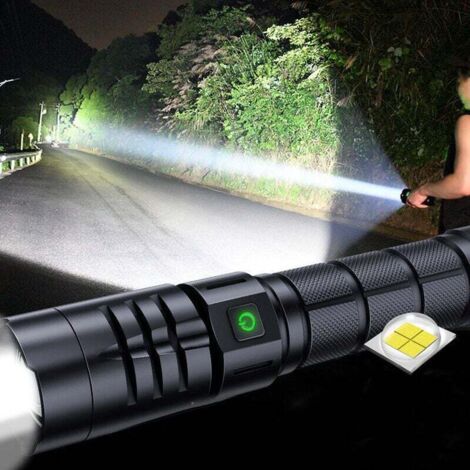 Torche LED ultra puissante 10000 lumens – 5 modes – portée jusqu'à 200m – rechargeable USB – étanche IPX4 – alliage aluminium aéronautique