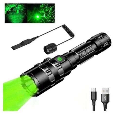 Lampe torche verte 1000 lumens – Portée 300 mètres – Étanche – 5 modes d'éclairage – Rechargeable 18650 incluse