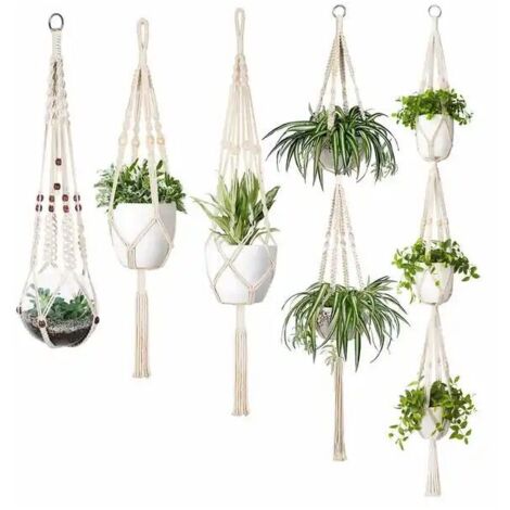 Lot de 5 cintres en macramé pour plantes d'intérieur à suspendre au mur Panier à fleurs Porte-pot Boho Home Decor, Blanc pratique (1/5)