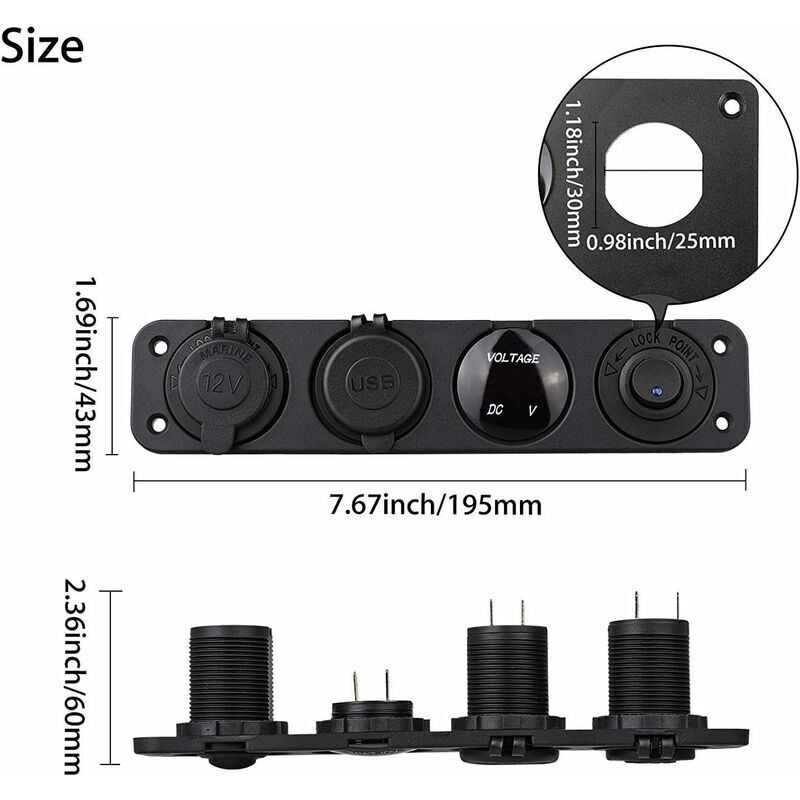 Panneau De Commutation 4 En 1 Pour Voiture/bateau – 2 Ports USB, Prise Allume-cigare, Voltmètre, Interrupteur !