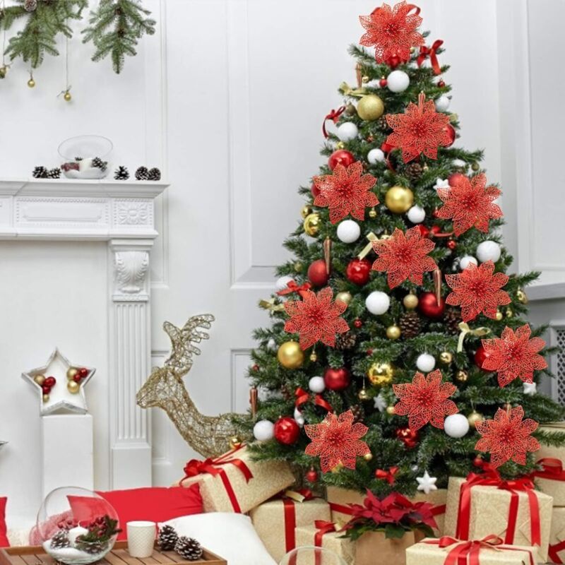 yulier Poinsettias Artificiels Fleurs de Noël 12,5 Pouces Faux Bouquet Floral de Poinsettias Rouges Décorations de Noël pour les Fêtes d'Hiver Maison Bureau Intérieur Extérieur