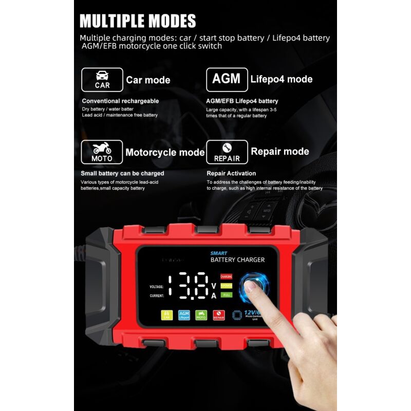 Chargeur De Batterie Voiture 12V 6A Intelligent - Écran LCD Tactile, Fonction Réparation - Pour Auto, Moto, Camion (SLA, AGM, Gel)
