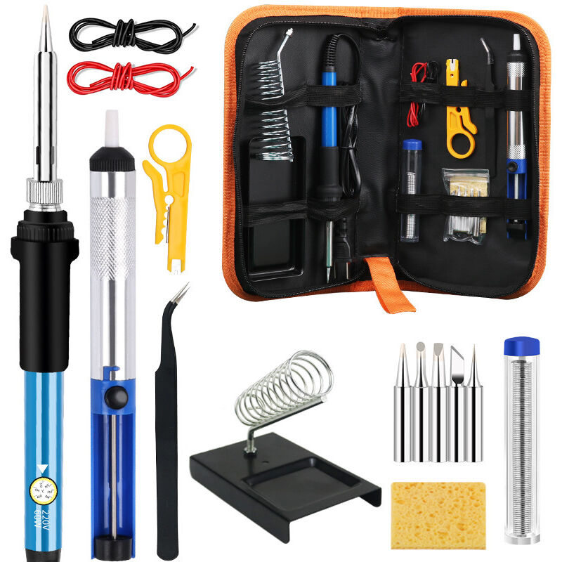 Kit Fer à Souder 60W Avec Température Réglable 200-450°C - Complet Avec Pompe à Dessouder, 5 Pointes, Support Et Fil