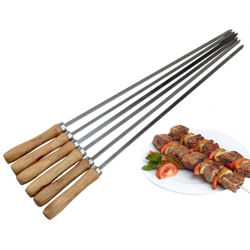 Set De 10 Brochettes Plates En Inox + Grande Brosse Silicone Pour Barbecue - Réutilisable, Manche Bois, 40cm - 7