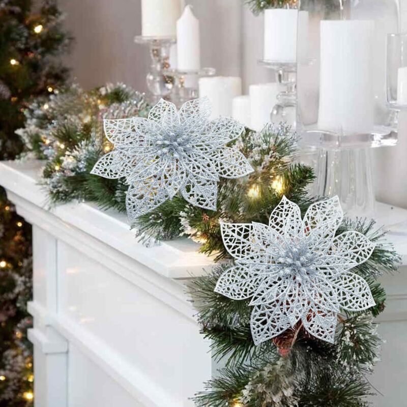 Sea Team 24 Branches Sapin Artificiel Pailletées Blanc – 35,5 Cm, Idéal Noël Mariage Fête Décoration