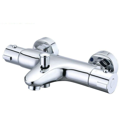 Mitigeur Douche Thermostatique, Mitigeur Baignoire Thermostatique en Laiton, Robinet de Baignoire avec Arrêt de Sécurité à 38°C, Mural Robinet de Douche avec 2 Sorties, Entraxe 150mm, Argent (1/5)