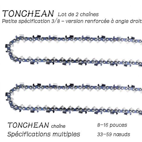 TONCHEAN Guide et chaîne pour tronçonneuse,Lot de 2 chaînes de tronçonneuse Faible Rebond 3/8"LP 55 maillons pour tronçonneuse (14pouces)Lame à 27 sections——Segment à angle droit électrolytique