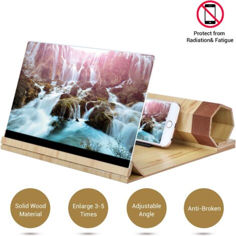 Écran grossissant de téléphone portable, projecteur pliable de loupe de 12 "Écran 3D Support de téléphone en bois Zooms Stand Loupe pour tous les modes de smartphone (jaune clair) (1/5)