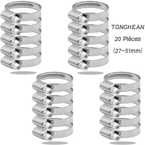 TONCHEANCollier de Serrage Tuyau Réglable 27-51mm Gamme en Acier Inoxydable 304 Assortiment Tuyau Pinces Clips pour Famille Tuyau D'eau, Home Gaz, Tube D'automobiles, Robinet 20 Pièces (12mm)