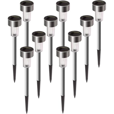 Lot de 10 lampes solaires d'extérieur étanches en acier inoxydable pour patio, pelouse, cour et paysage (blanc) (1/5)
